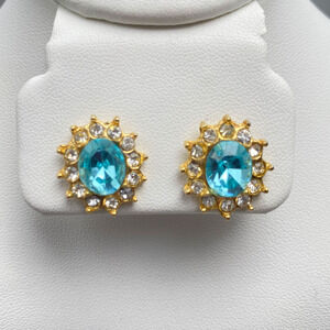 Vintage Aqua Blue Rhinestone Halo Stud Earrings Gold Tone Oval Sunburst
